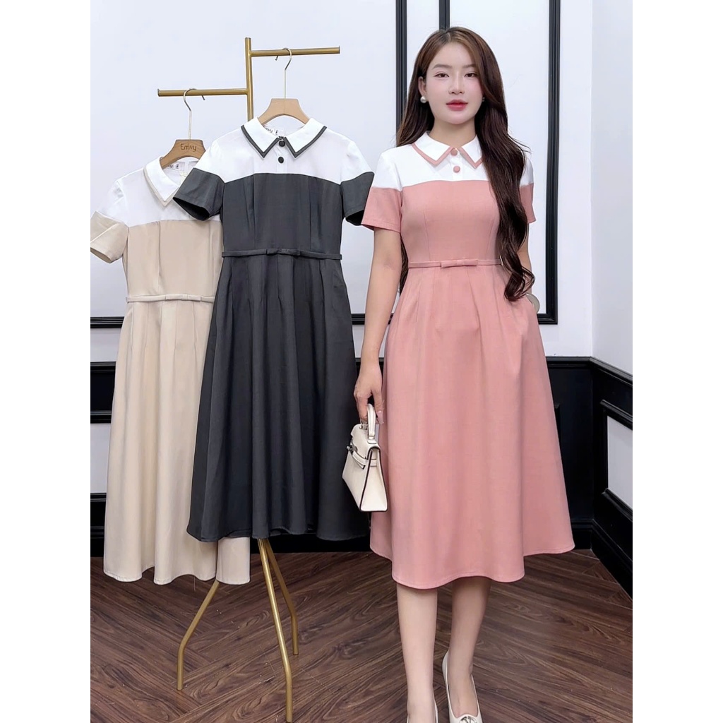 Váy nữ công sở thiết kế dang dài phối cổ sơ mi sang trọng kín đáo Emvy Fashion k60