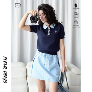 Áo Len Ngắn Tay Nữ Fleurdelys Màu Xanh Than Cổ Polo Thêu Hoa Form Vừa DLAL190