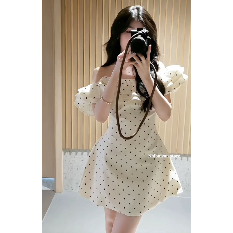 Váy Dự Tiệc Trễ Vai Chấm Bi Xếp Tầng Hàng Ép Mùng 2 Lớp Chuẩn Form Mẫu mặc AV Design