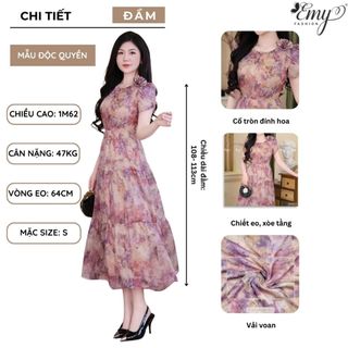 Đầm Voan Tơ Hoa Tím EM9432 Tùng Xòe Nhún Cổ Tròn Mặc Hè