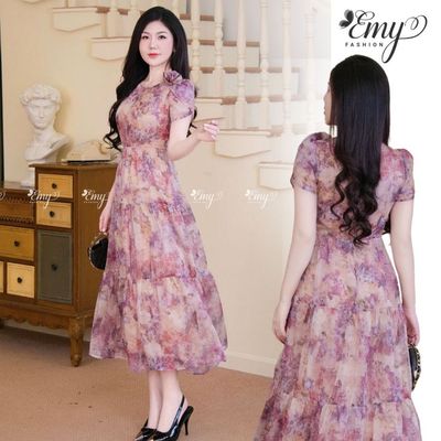 Đầm Voan Tơ Hoa Tím EM9432 Tùng Xòe Nhún Cổ Tròn Mặc Hè