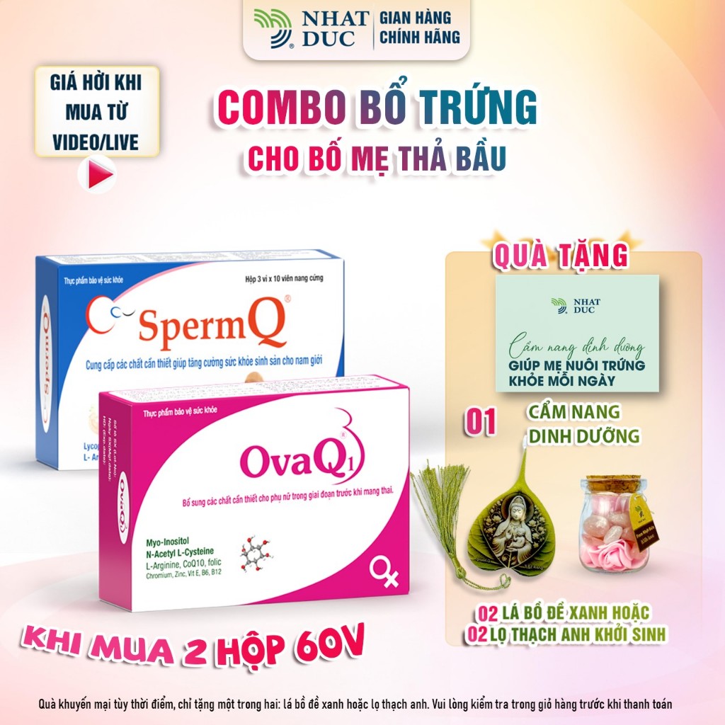 Combo (OvaQ1 + SpermQ) combo tặng cẩm nang dinh dưỡng và phiếu canh trứng cẩm nang đậu bầu tpbvsk - Nhật Đức