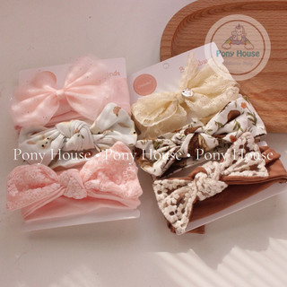 Set 3 Chiếc Turban / Băng Đô Nơ Phối Ren Tông Màu Hàn Quốc Dễ Thương Cho Bé Gái