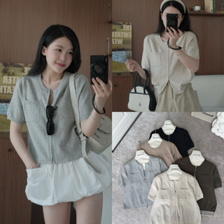 Áo len cộc tay cổ tròn khoá 2 đầu túi ngực Nữ the.sweaterweather TSW