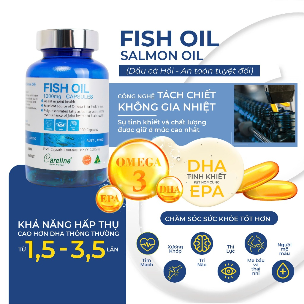 Dầu cá careline fish oil 100 viên Healthy Care dha và epa cho người cao tuổi, phụ nữ mang thai