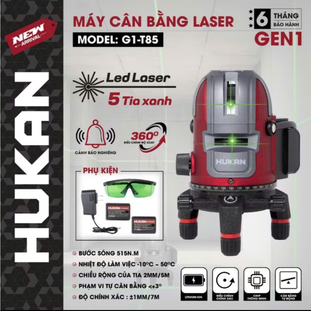 Bộ máy cân bằng laser HUKAN_T85, 5 tia xanh bóng LED siêu sáng, Có kèm chân.