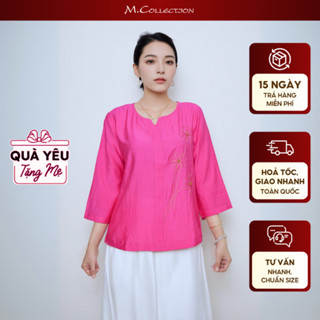 M Collection | Áo Kiểu Trung Niên Tặng Mẹ Tay Dài Cổ Trụ Cài Nút Vải Tơ Xốp Thêu Hoa - A11902