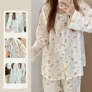  Đồ ngủ nữ tay dài bộ pyjama mặc nhà thu đông quần dài chất cotton mềm mát họa tiết cute 