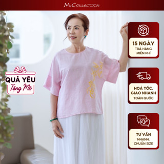 M COLLECTION | Áo Kiểu Nữ Trung Niên Tay Ngắn Cánh Dơi Cổ Tròn Vải Linen Thêu Hoa Tặng Mẹ - A11492