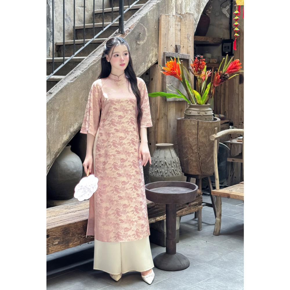 Áo dài nữ cách tân Giian thiết kế 2 tà dáng suông, cổ trụ phối tay lỡ loe họa tiết in 3D vải gấm cao
