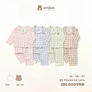 Bộ Pyjama Dài Tay Kẻ Caro Cho Bé Trai Bé Gái Embes, Bộ Đồ Ngủ Dài Tay Chất Cotton Mềm Mát Từ 8-18kg