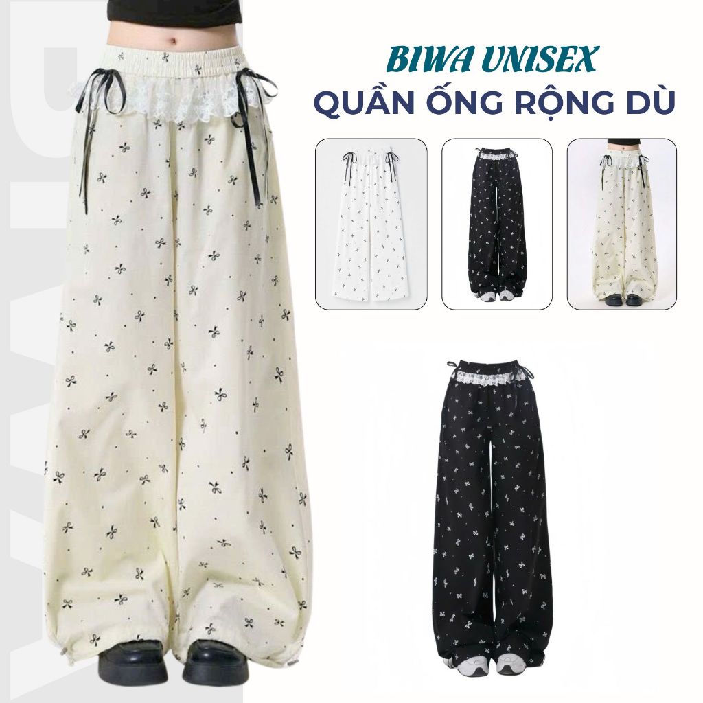 Quần Ống Rộng Nữ Chất Dù Nhăn Dây Rút Lai Phối Ren Nơ Chất Vải Nhẹ Mát Cá Tính  BIWA UNISEX - QDUNHAN_PHOIRENDINHNO
