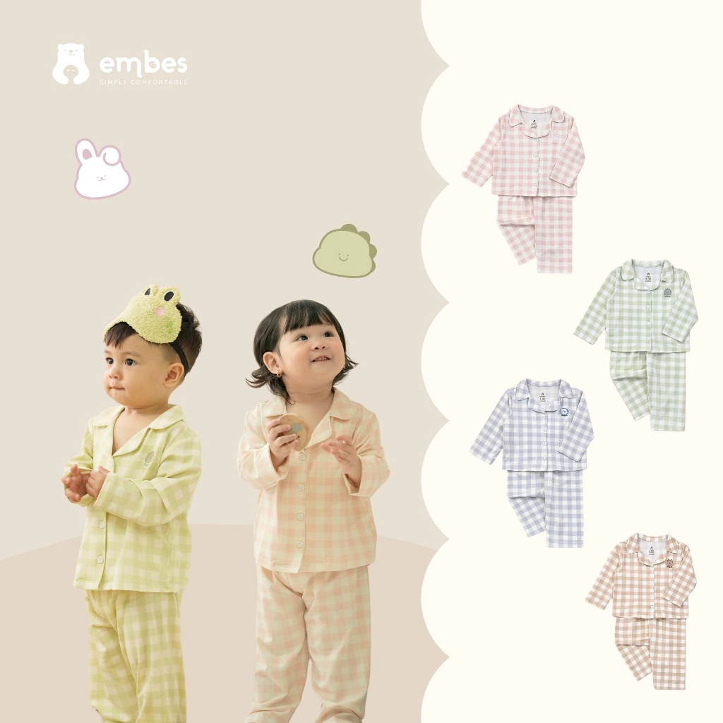 Bộ Pijama Dài Tay Cho Bé Embes, Bộ Đồ Ngủ Kẻ Caro Thêu Hình Chất Cotton Cho Bé Trai Bé Gái Từ 8-18kg