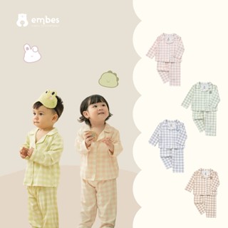 Bộ Pijama Dài Tay Cho Bé Embes, Bộ Đồ Ngủ Kẻ Caro Thêu Hình Chất Cotton Cho Bé Trai Bé Gái Từ 8-18kg