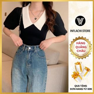  Áo len nữ INFLACHI áo dệt kim cổ polo ngắn tay phồng cổ V xinh xắn phong cách tiểu thư M164 N-45 