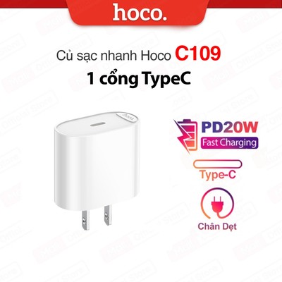 Củ sạc nhanh PD20W Hoco C109 / C109A 1 cổng TypeC, tương thích nhiều thiết bị, dùng cho Android/Samsung/11/12/13/14/15
