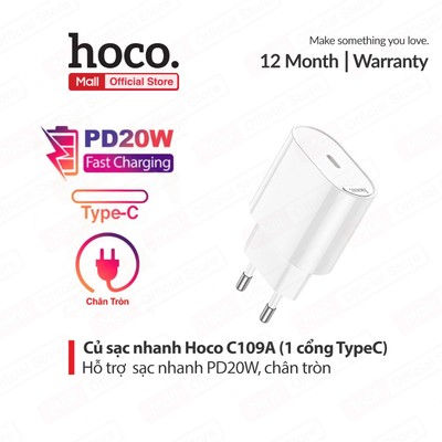 Củ sạc nhanh Hoco C109 / C109A PD20W 1 cổng TypeC, an toàn cho thiết bị, dùng cho Android/Samsung/11/12/13/14/15