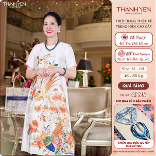  Đầm Trung Niên Lụa Cao Cấp Thanh Yên – Uyên Ương Hoa Lá Dáng Suông Sang Trọng Có Bigsize – CDNT25017W 
