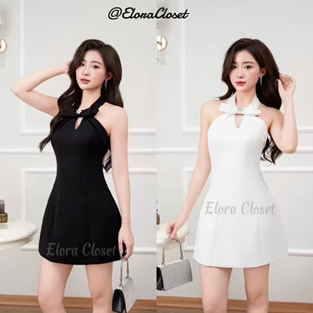 Váy đầm cổ nơ đính đá sang trọng Elora Closet