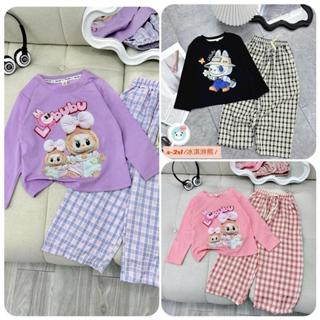Combo 2 bộ dài tay quần kẻ sọc caro cho bé gái size 10-45kg hình in Labubu hot Cotton Vải Cotton set