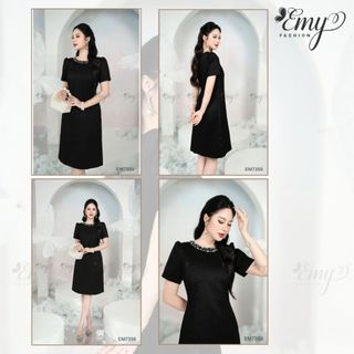 Đầm Suông Đen EM7359 Vải Bố Gân Cổ Tròn Tay Ngắn Đính Hạt
