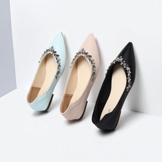 Giày Búp Bê Nữ Mũi Nhọn Đế Bệt Đính Đá Pha Lê Sang Trọng Pixie H409