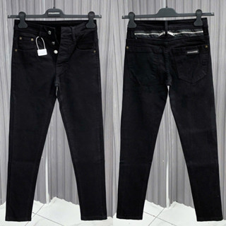  Quần jean bò nam PB slimfit đen trơn phối khoá zip sau mông thêu mác logo da túi 4 cúc basic 