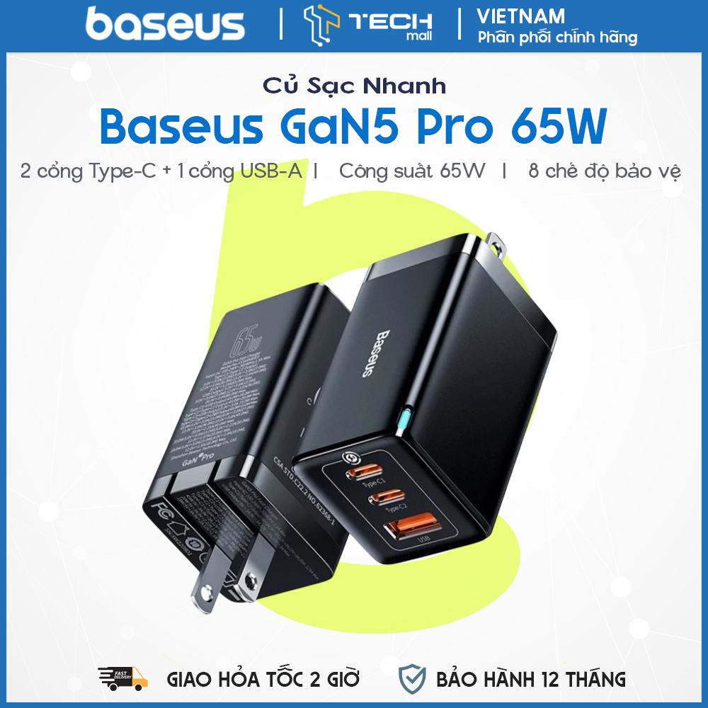 Bộ Sạc Nhanh kèm Cáp C to C Baseus GaN5 Pro Quick Charger 65W