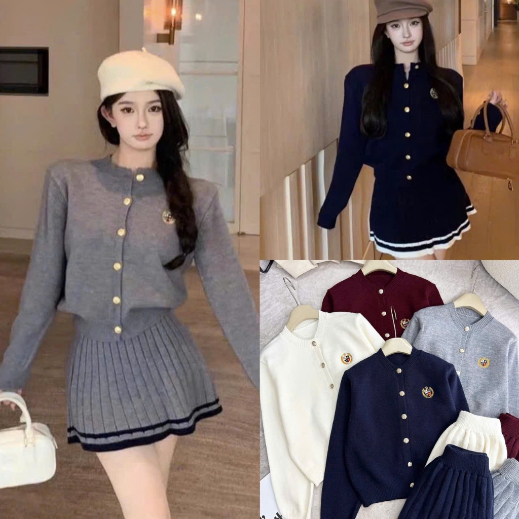 (Hàng 3 Size): Set Áo Len Thêu Huy Hiệu 4 Màu Đính Cúc Đồng Mix Chân Váy Xếp Ly Xoè Nhẹ Tiểu Thư, Si