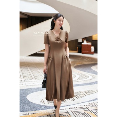 Đầm Nữ Dự Tiệc Dáng Xòe Dài Cổ Tim Nhún Ngực MY WAY Sang Trọng Tinh Tế 3MD21237