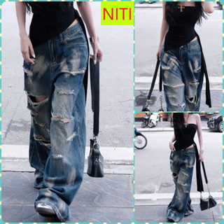   ORTD1004  QUẦN JEANS ỐNG RỘNG NỮ LƯNG CAO RÁCH NGANG ĐÙI NHIỀU VỆT TRẮNG MÀU XANH ĐẬM LAI CUỐN CÁ TÍNH 