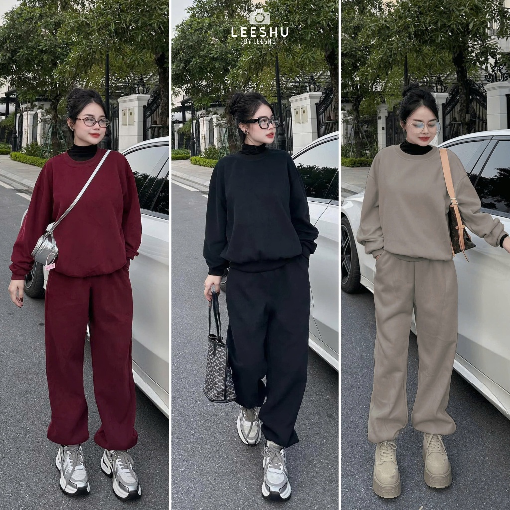 Set bộ NỈ 2DA dày dặn Loại 1 có Bigsize❤LEESHU❤ Bộ nỉ thu đông chất liệu nỉ 2 da không rụng lông thể thao bo chun gấu