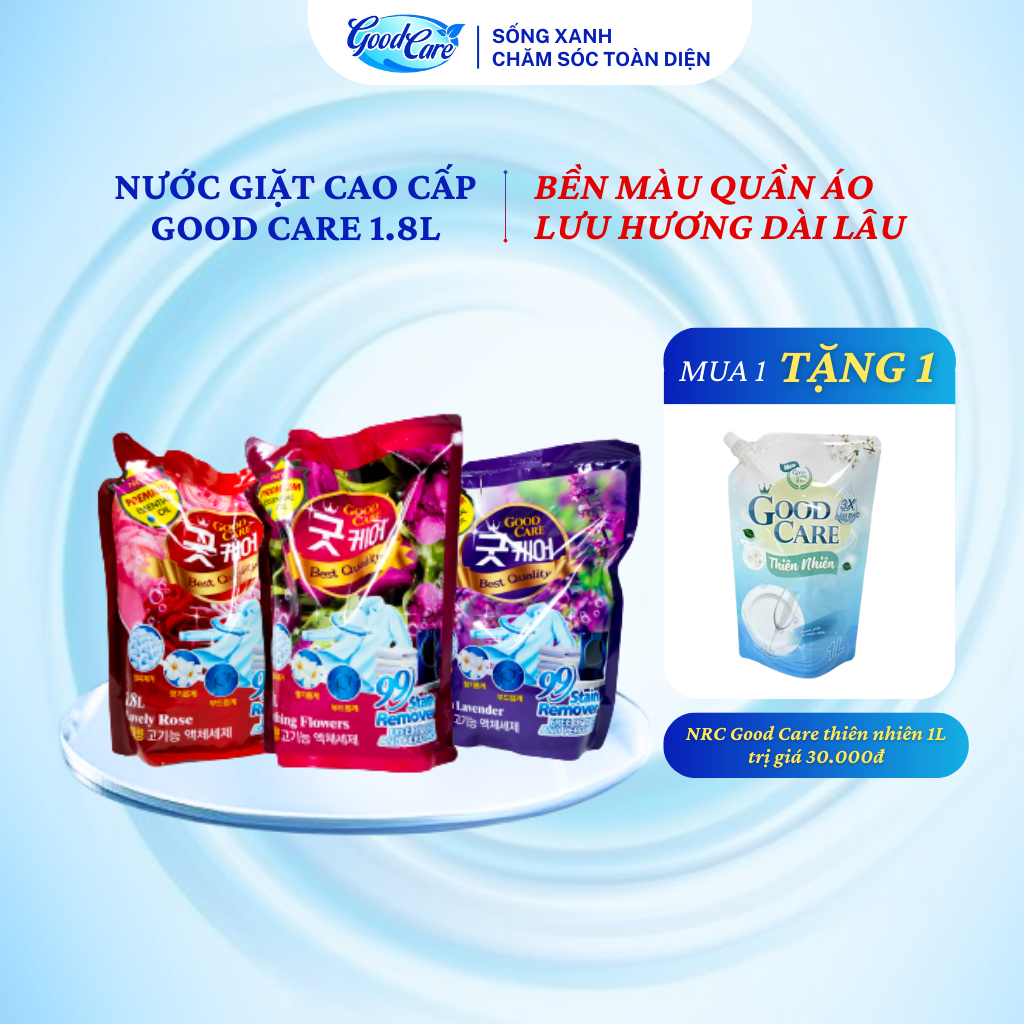 [TẶNG NƯỚC RỬA CHÉN 1L] Nước Giặt Good Care 1.8L – Tinh Dầu Tự Nhiên, Giặt Sạch Nhanh, Thơm Lâu
