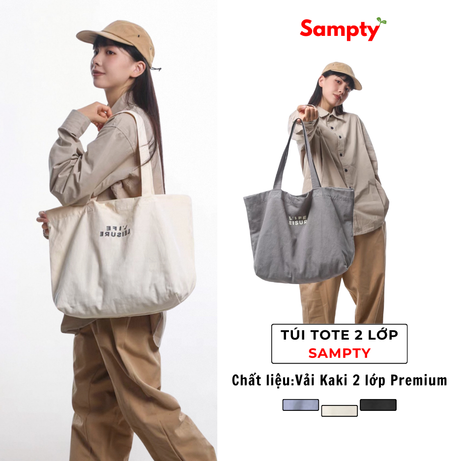 Túi Tote Đi Học 𝐒𝐚𝐦𝐩𝐭𝐲 Vải Kaki Premium Đi Học 2 Lớp, Có Khóa Zip, Life Leisure Đeo Vai Nữ Đi Làm, Đi Chơi 2025