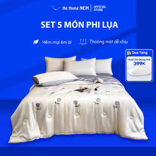 Bộ drap giường He thong NEM cao cấp Set bộ vỏ chăn ga ra gối nệm đệm 5 món lụa thái trải phủ giường mùa hè mát lạnh