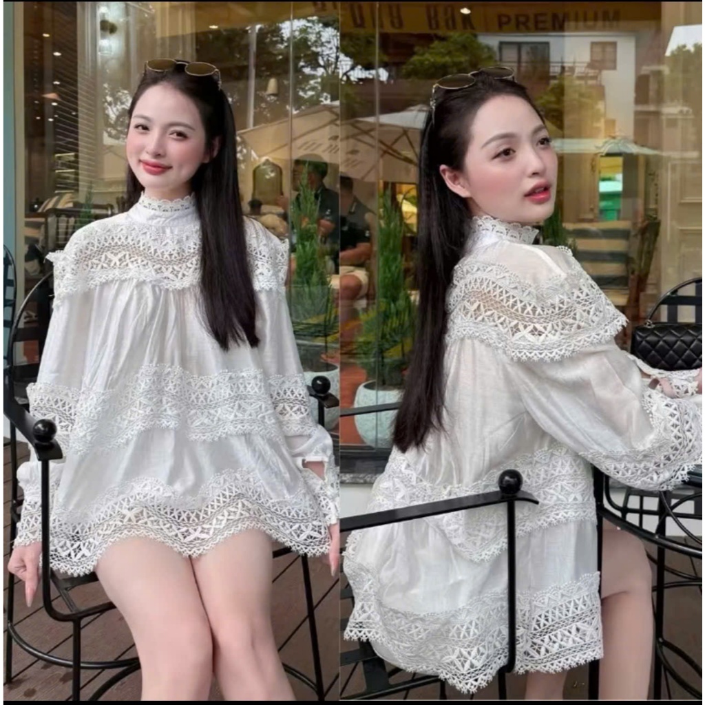 (Hàng Thiết Kế): Áo Trắng Đũi Tơ Phối Ren Bản To Viền Lượn Dài Tay Cúc Ngọc Sang Chảnh Tôn Dáng Dễ Phối Đồ - Ảnh Lollaye