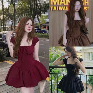 (có bigsize)(4lớp bồng xoè) [4màu] Váy tiểu thư cổ vuông vải đũi dày phối nơ dạo phố, đi biển