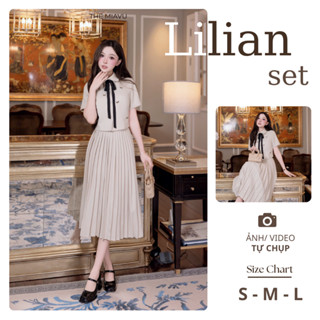 Set váy nữ dáng dài công sở phong cách thanh lịch, đầm thiết kế phối nơ chân váy xếp ly cao cấp Lilian