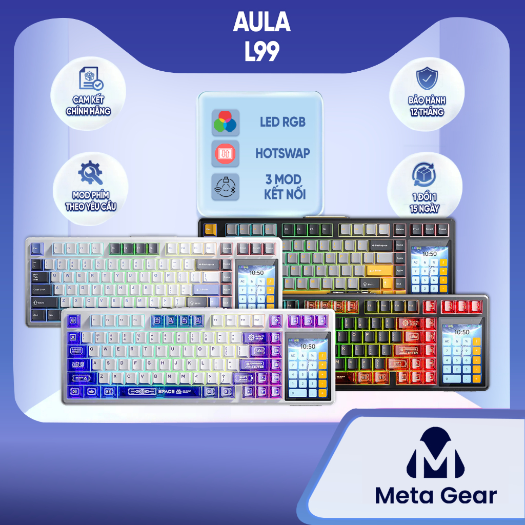 [CHÍNH HÃNG] Bàn phím cơ Aula L99 - Bàn phím không dây Led RGB, Màn hình cảm ứng tích hợp Driver, 3 mode kết nối
