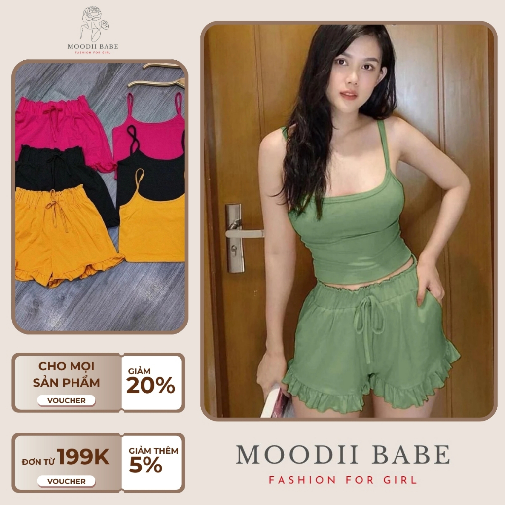 Bộ đồ ngủ nữ 2 dây thun tăm MoodiiBabe, set đồ ngủ 2 món áo 2 dây nhỏ và quần đùi viền sóng chất mát