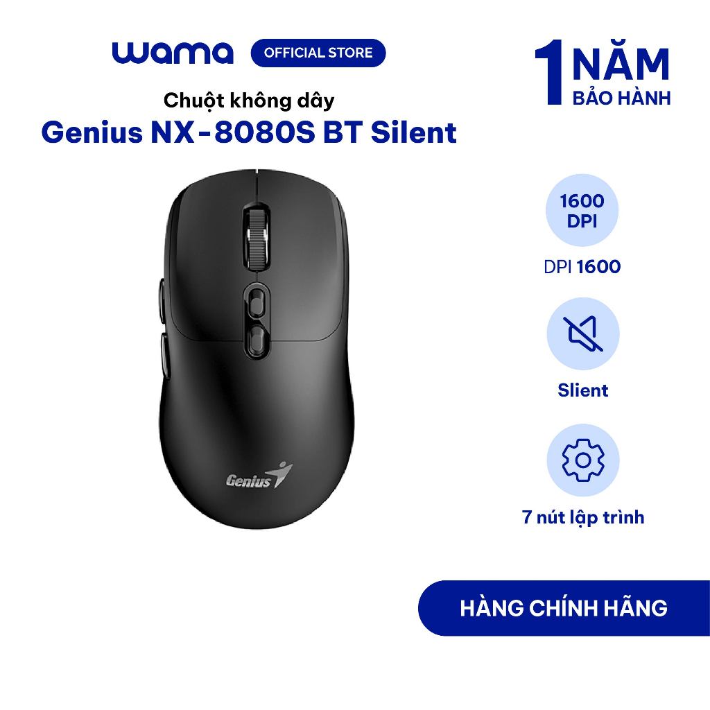 Chuột bluetooth Genius NX-8080S 7 nút chức năng không gây tiếng ồn Bluetooth 5.3 + 2.4GHz receiver