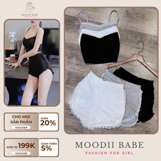 Set bộ ôm body nữ, bộ đồ áo 2 dây thun gân kèm quần short viền ren siêu tôn dáng ,dễ phối đồ