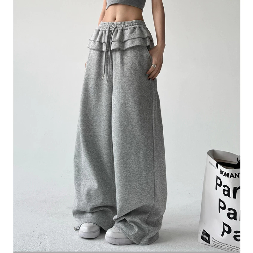 Quần Nữ Ống Rộng Chất Nỉ Thiết Kế Cạp Bèo 2 Tầng Phong Cách Hàn Quốc Trẻ Trung Năng Động