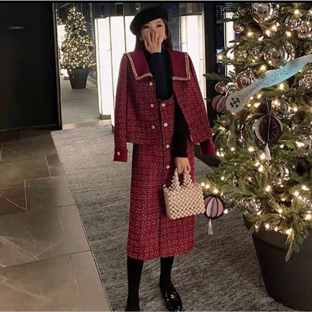 Set : Áo Khoác + Đầm yếm dạ tweed 1 màu đỏ A2242