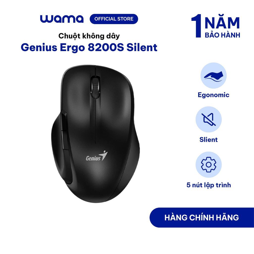 Chuột không dây Genius Ergo 8200S Thiết kế công thái học có cảm biến quang học BlueEye Click không g