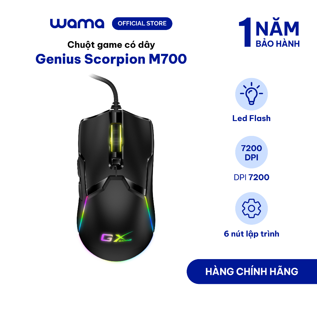 Chuột gaming có dây Genius Scorpion M700 DPI tùy chỉnh chuyển đổi 800/1600 có 6 nút lập trình 7 colo