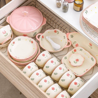  Bát đĩa chén dĩa sứ bộ bát ăn cơm Hoa lá viền hồng Bếp Ấm Cúng 