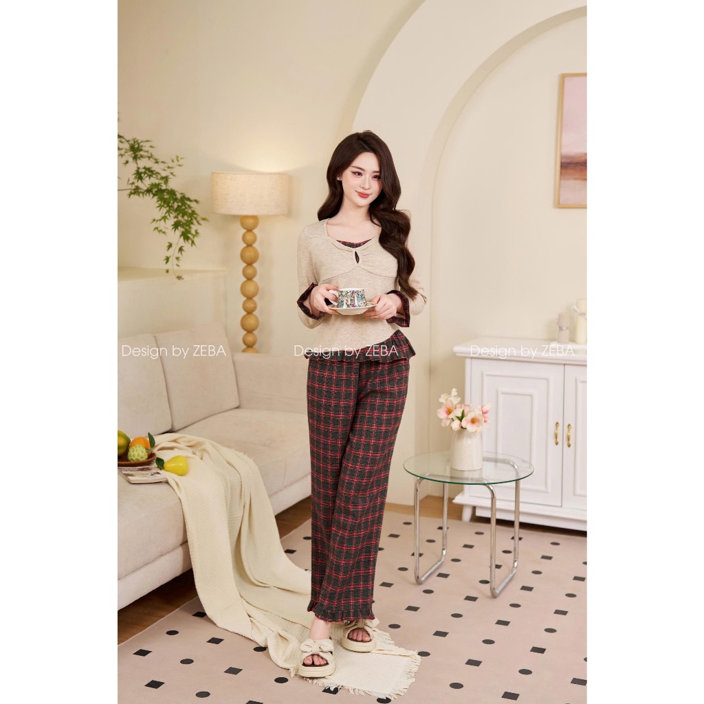 Bộ mặc nhà nữ ZEBA Cottong lông thỏ kem Hàn M3305