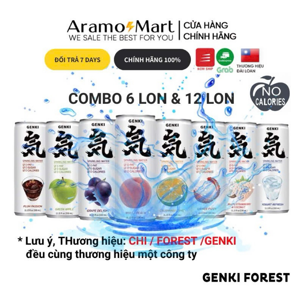 (9 vị) Combo 6 lon Nước Soda trái cây Genki Forest Sparkling có ga không Calo lon 330ml ＊AramoMart＊