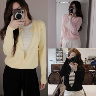 (Hàng QC loại1) Set áo cardigan len trơn dài tay mix áo len kẻ màu pastel diện thu đông, WIRI TOP, Lipeo.store